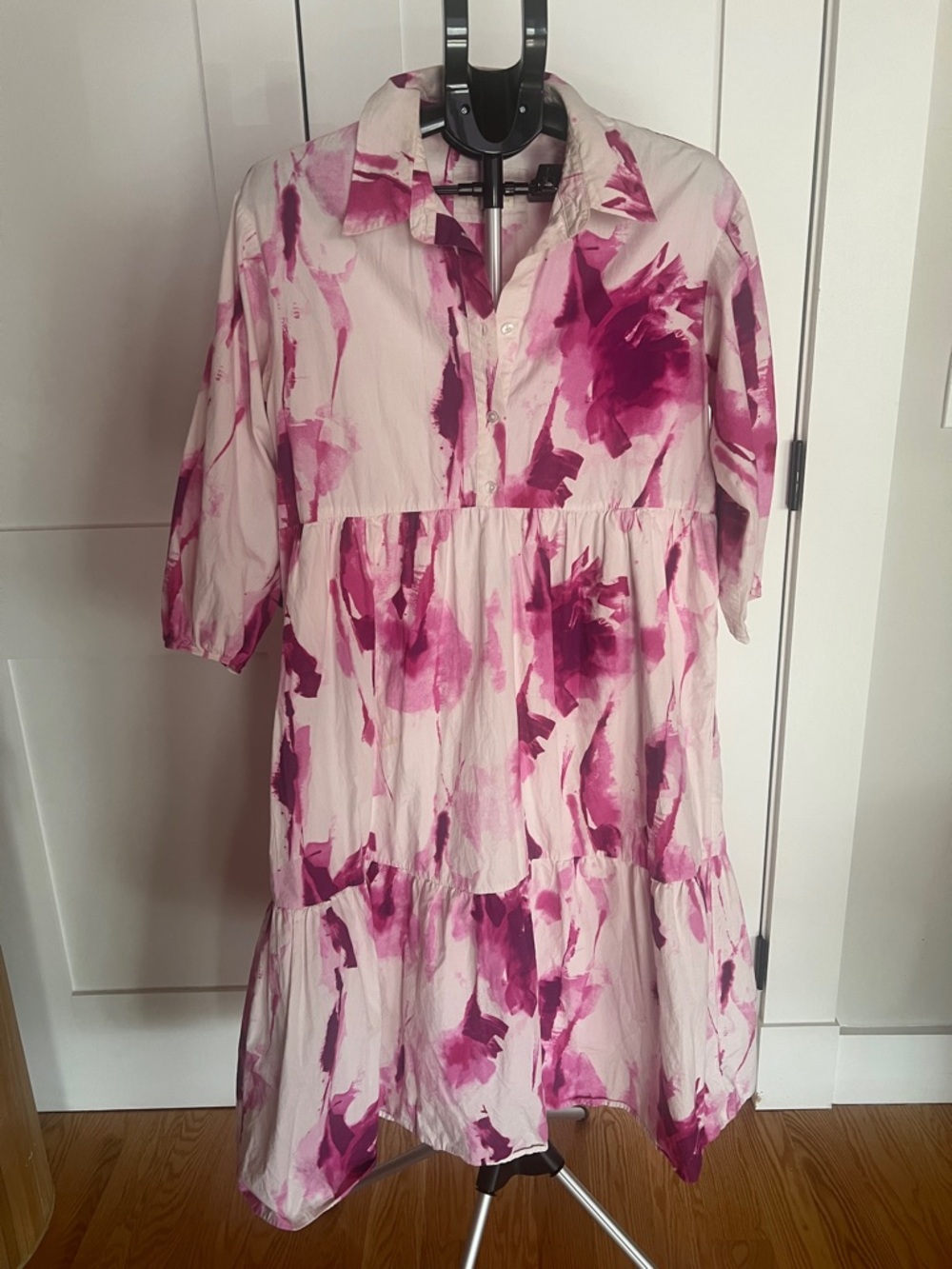 Anthropologie White Midi Dress with Magenta Watercolor Floral Print